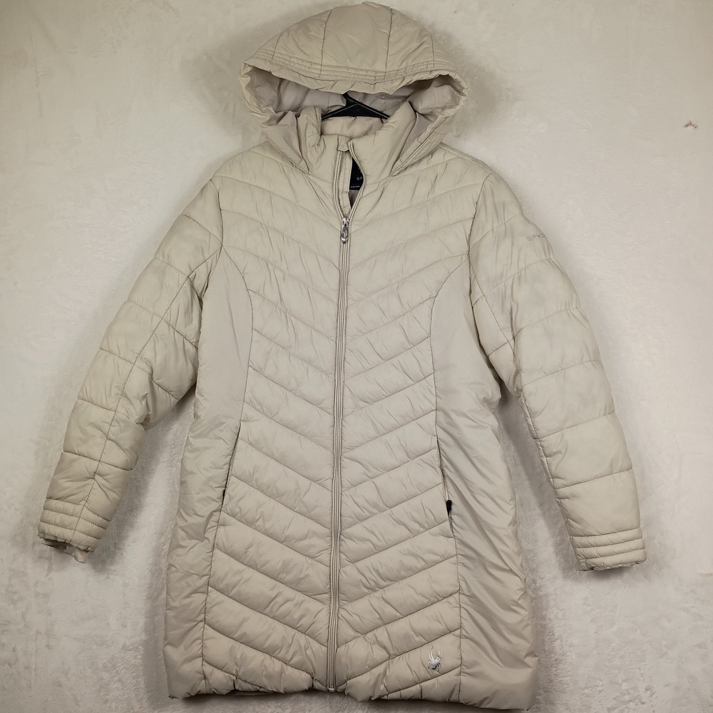 Spyder Puffer Jacket Women Medium Cream Quilted Hooded Longline Hiking Gorpcore